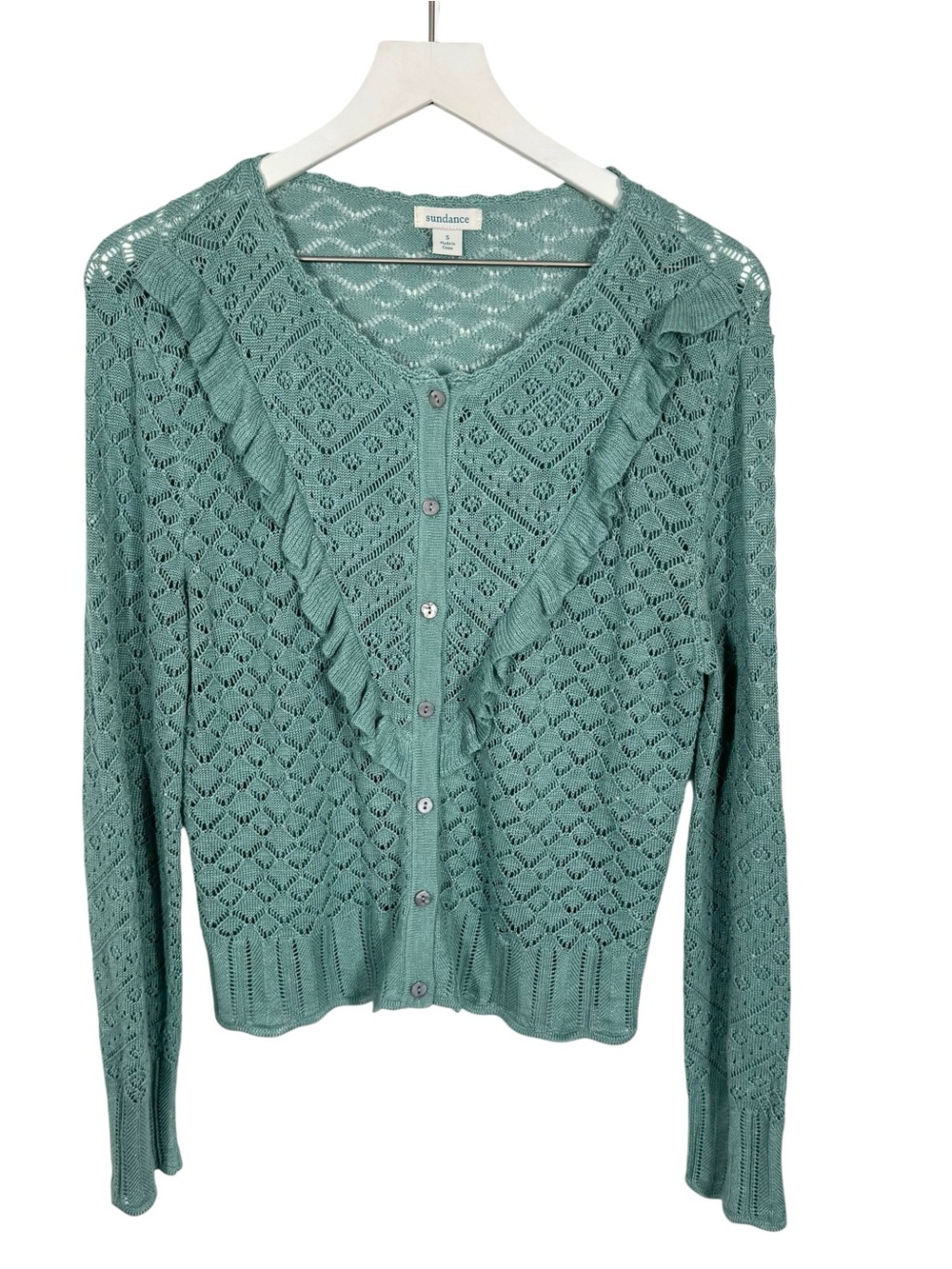 Sundance Emery Blue Pointelle Ruffle Feminine Cottagecore Cardigan Sweater S